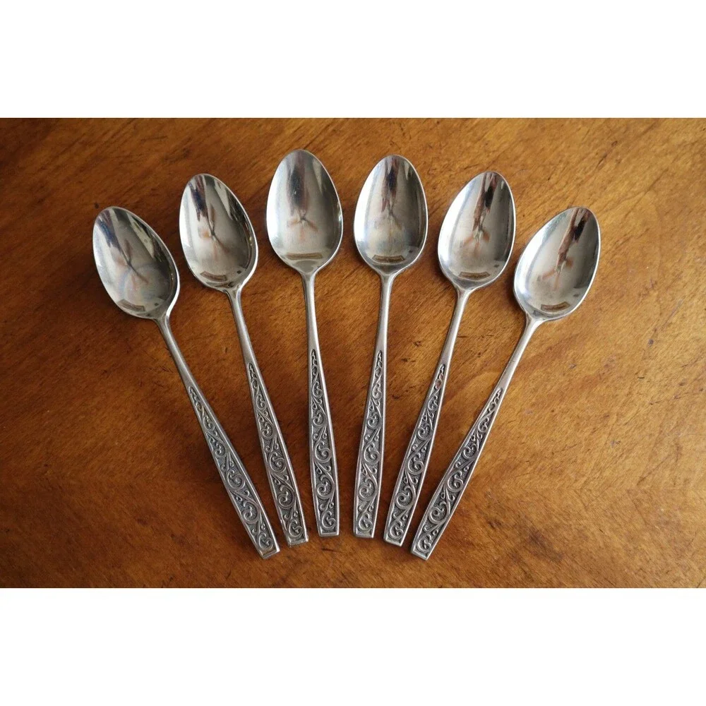 Lot 6x Imperial International IIC DAVOS Stainless Black Floral Teaspoon 6.4